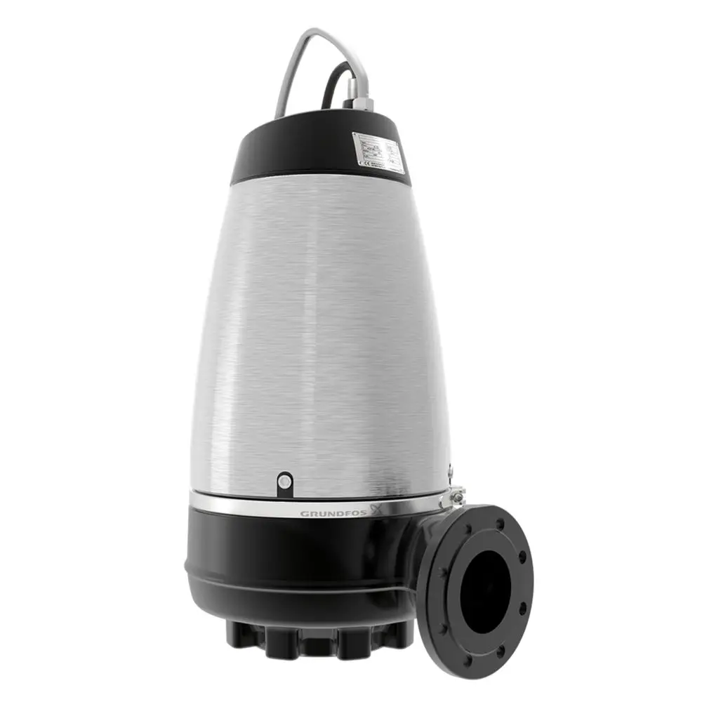 Tauchmotorpumpe von Grundfos mit metallischem Gehäuse, schwarzem Sockel und Anschlussstutzen, geeignet für die Förderung von Flüssigkeiten.